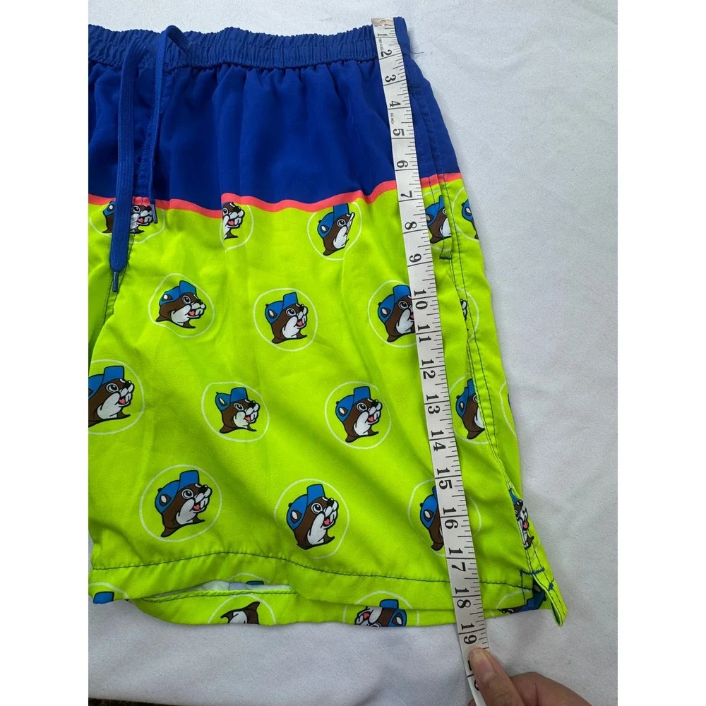 Buc-ees Mens 2X Swim Trunks Blue Lime Green Beaver Mascot Board Shorts Texas 2XL